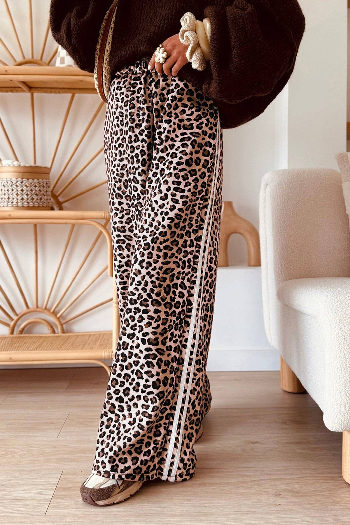 Leopard Print Side Striped Detail Wide Leg Pants