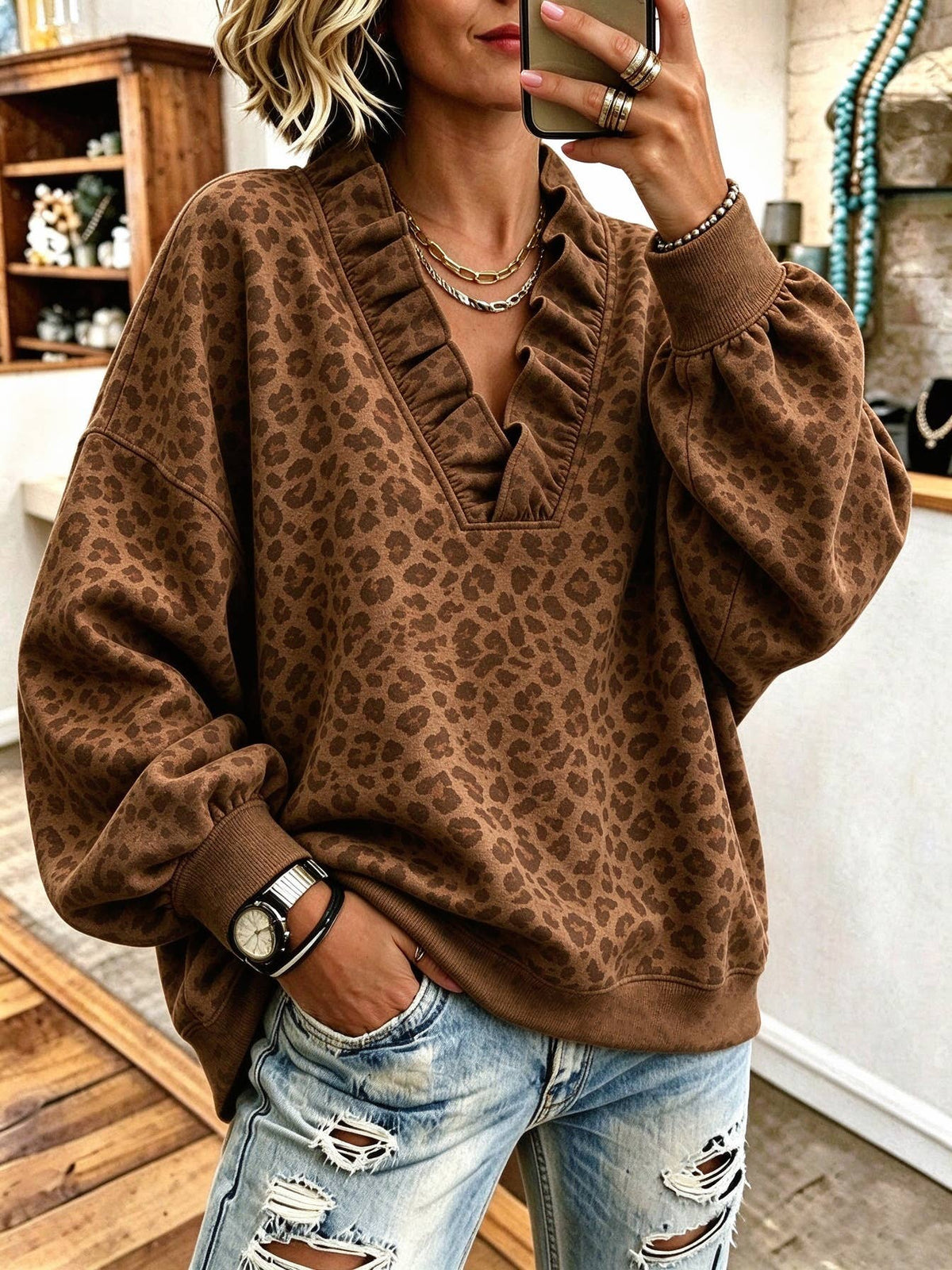 Ruffle V-Neck Loose Casual Sweatshirt