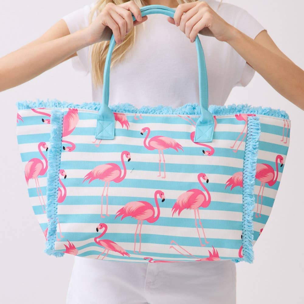 Flamingo Print Striped Tote Bag
