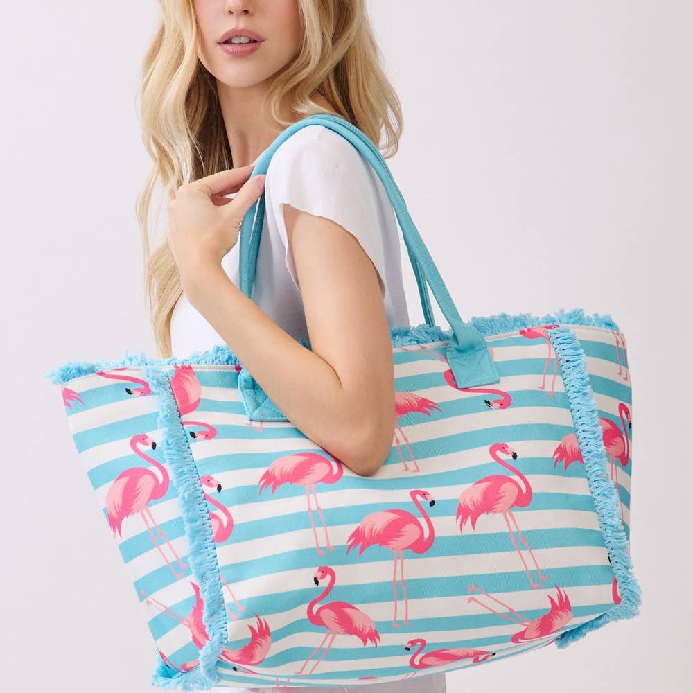Flamingo Print Striped Tote Bag