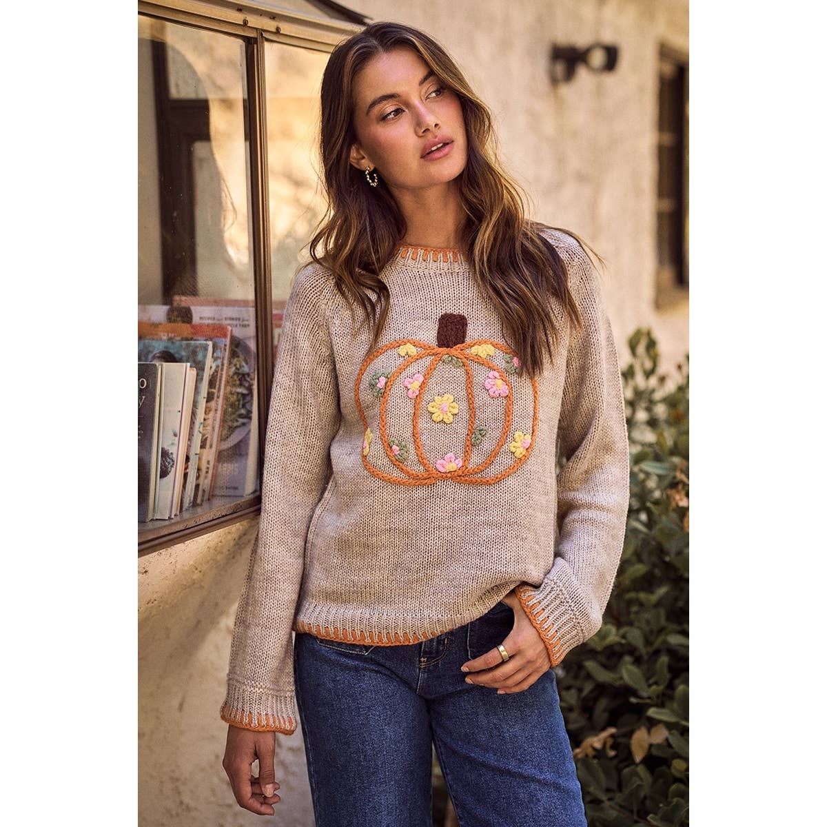 PUMPKIN FLORAL EMBROIDERED THANKSGIVING SWEATER