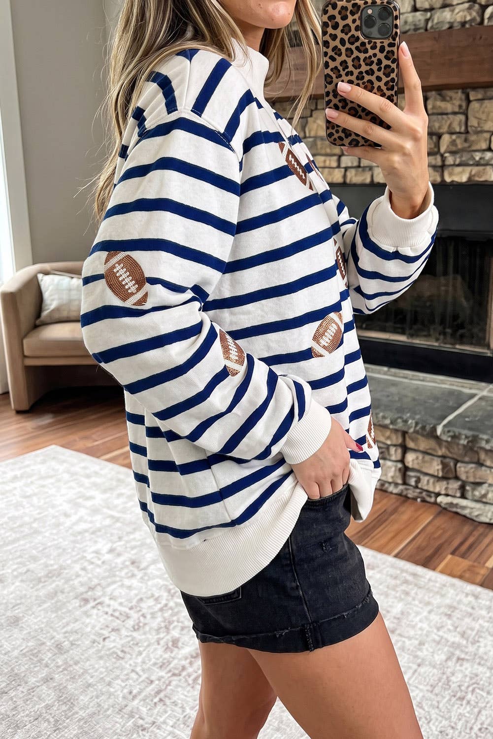 Striped Football Mock Neck Casual Sweatshirt