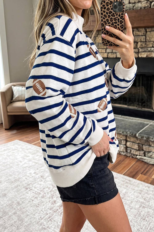 Striped Football Mock Neck Casual Sweatshirt