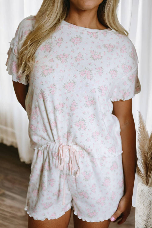 Floral Lettuce Trim Tee and Shorts Ribbed Lounge Set