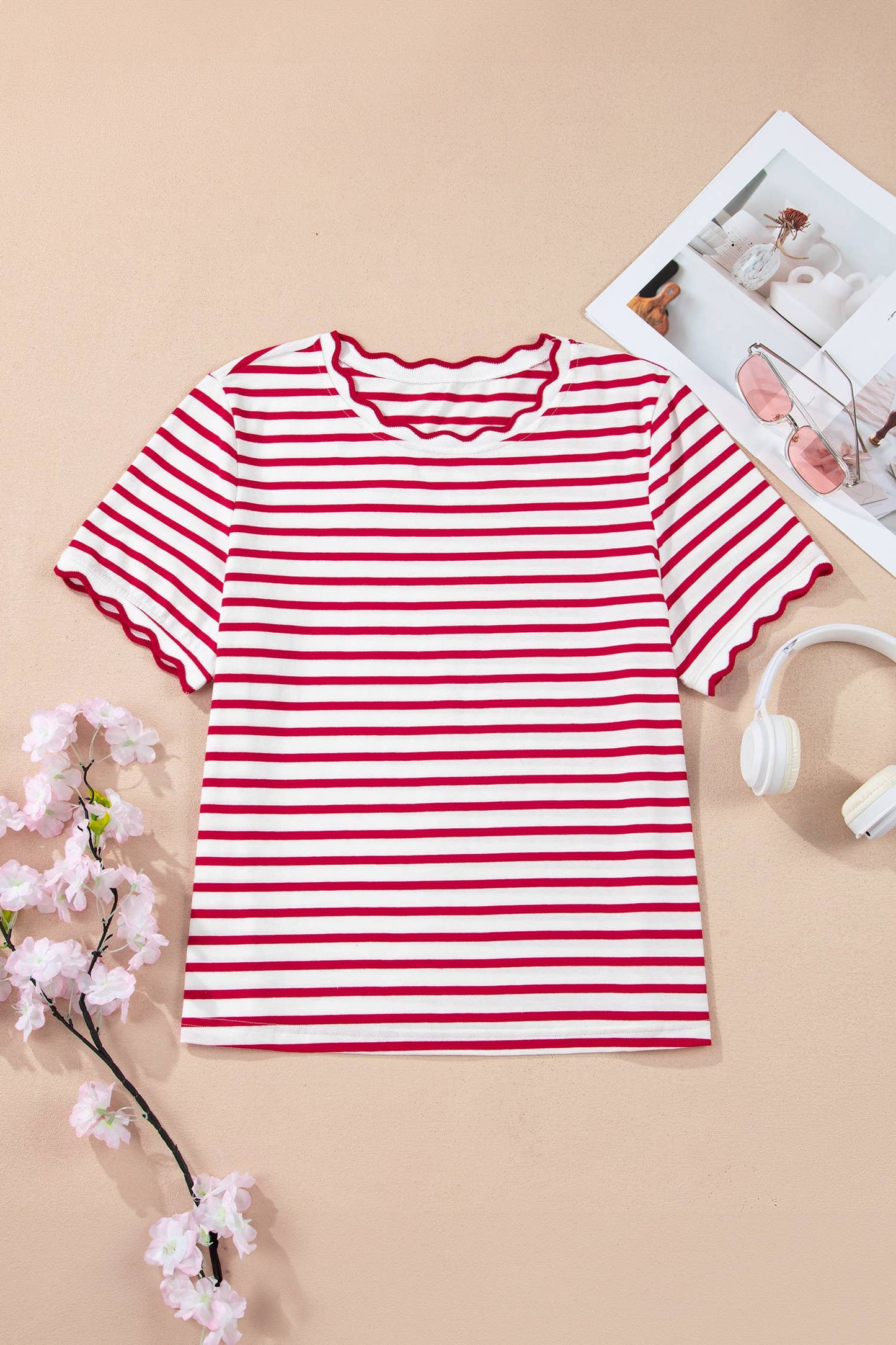 Stripe Scalloped Trim Round Neck T Shirt