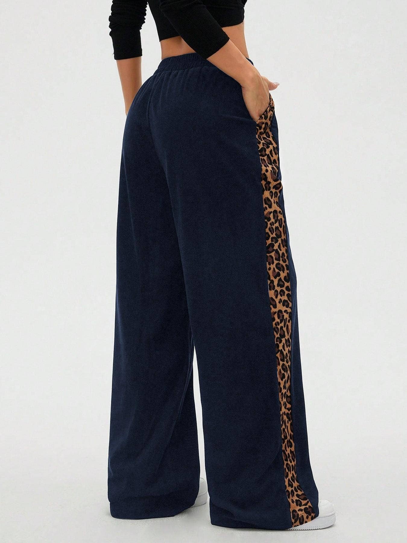 Black Leopard Print Detail Wide Leg Pants