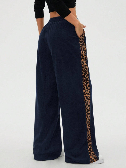 Black Leopard Print Detail Wide Leg Pants