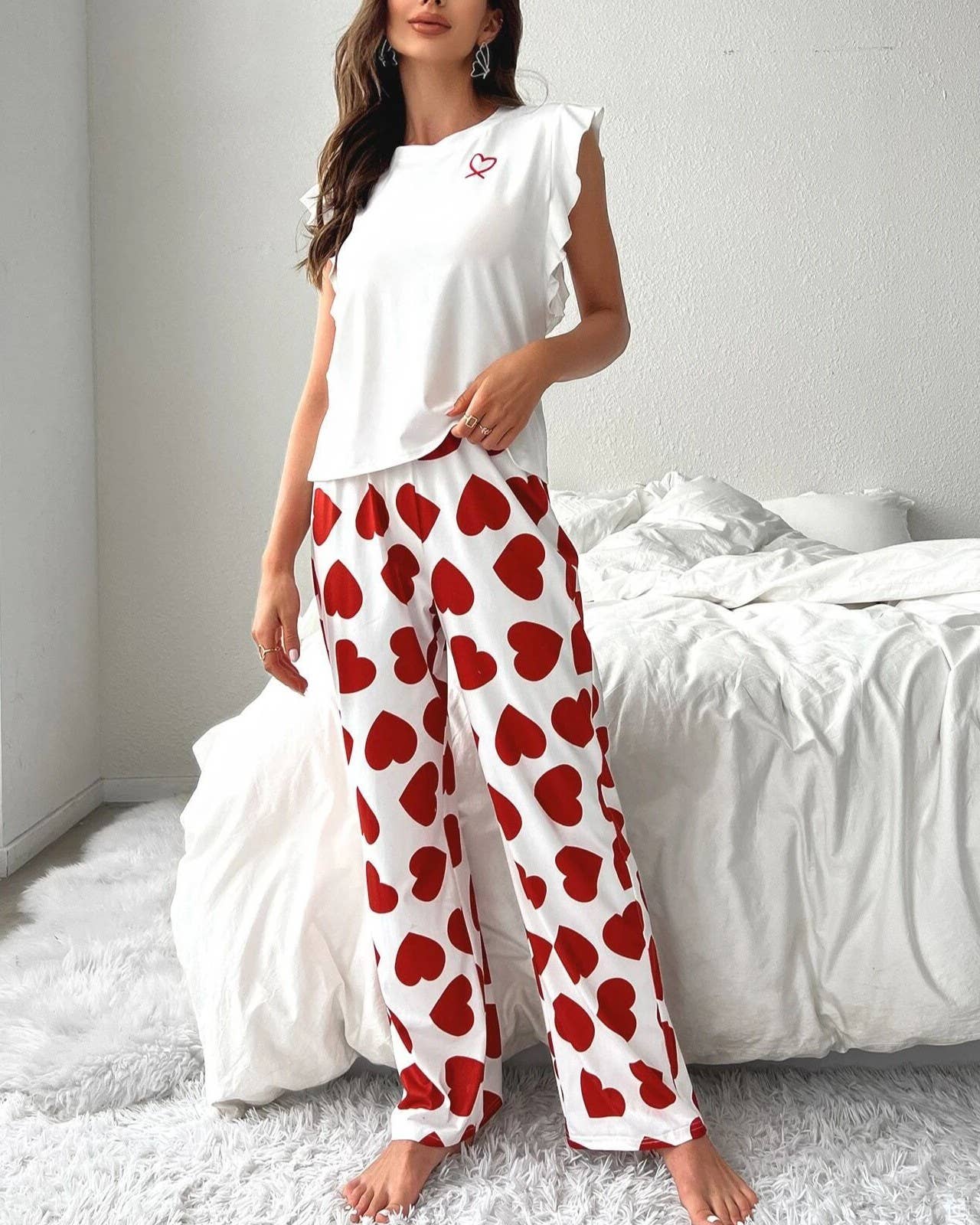 Heart Print Ruffled Sleeveless Top & Pants Pajama Set