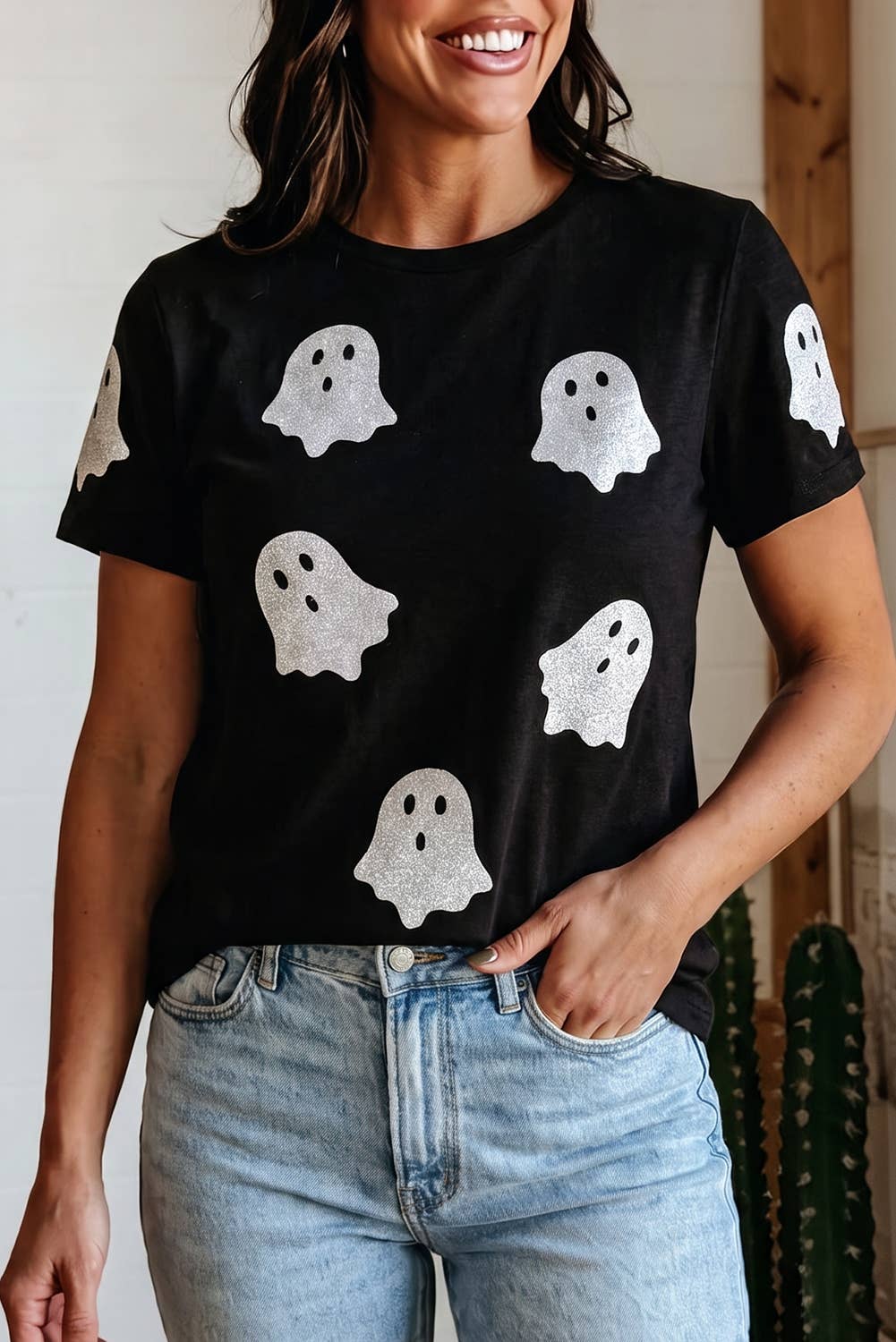 Glitter Ghost Pattern Crew Neck Halloween T Shirt