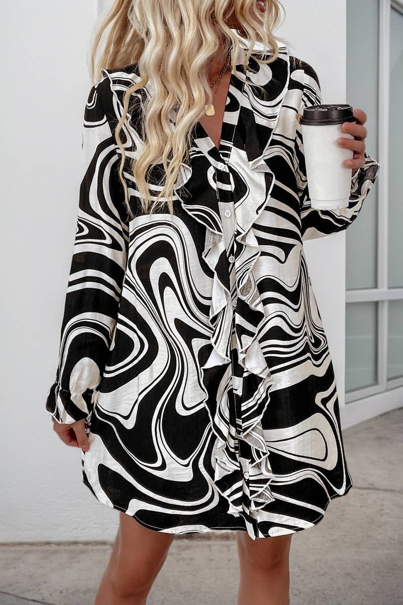 Printed Ruffle Shirt Dress