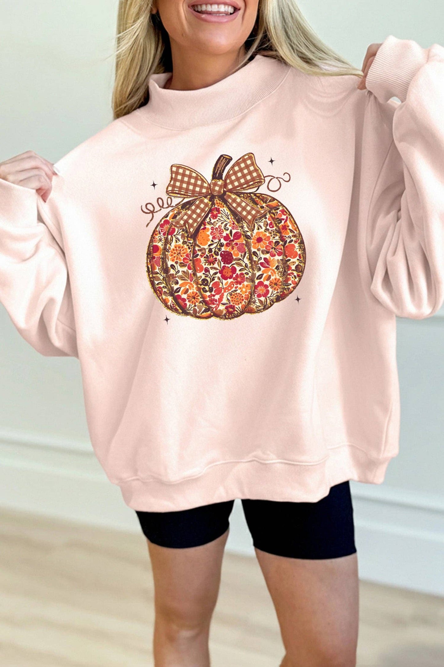 Floral Pumpkin Mock Neck Oversized Sweatshirt