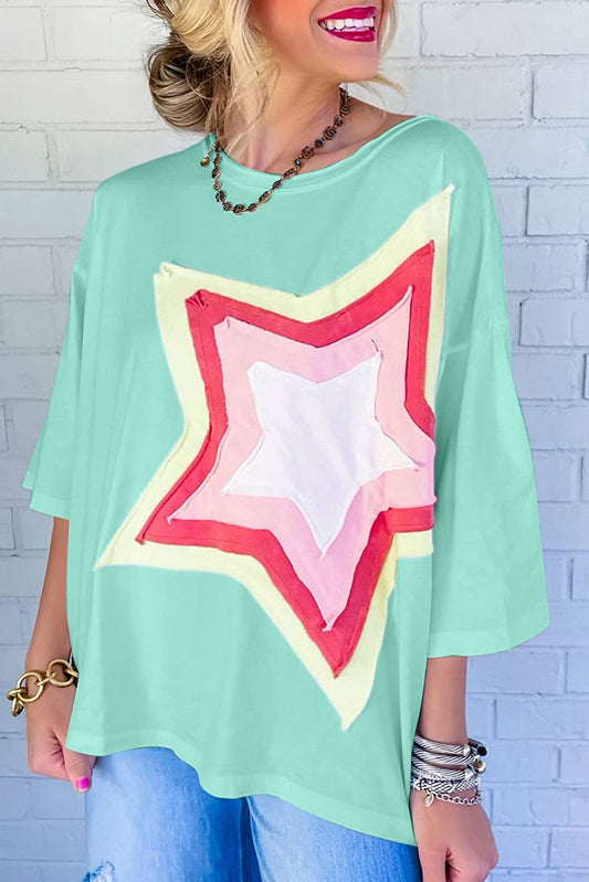 Colorblock Star Patched Half Sleeve Oversized Tee
