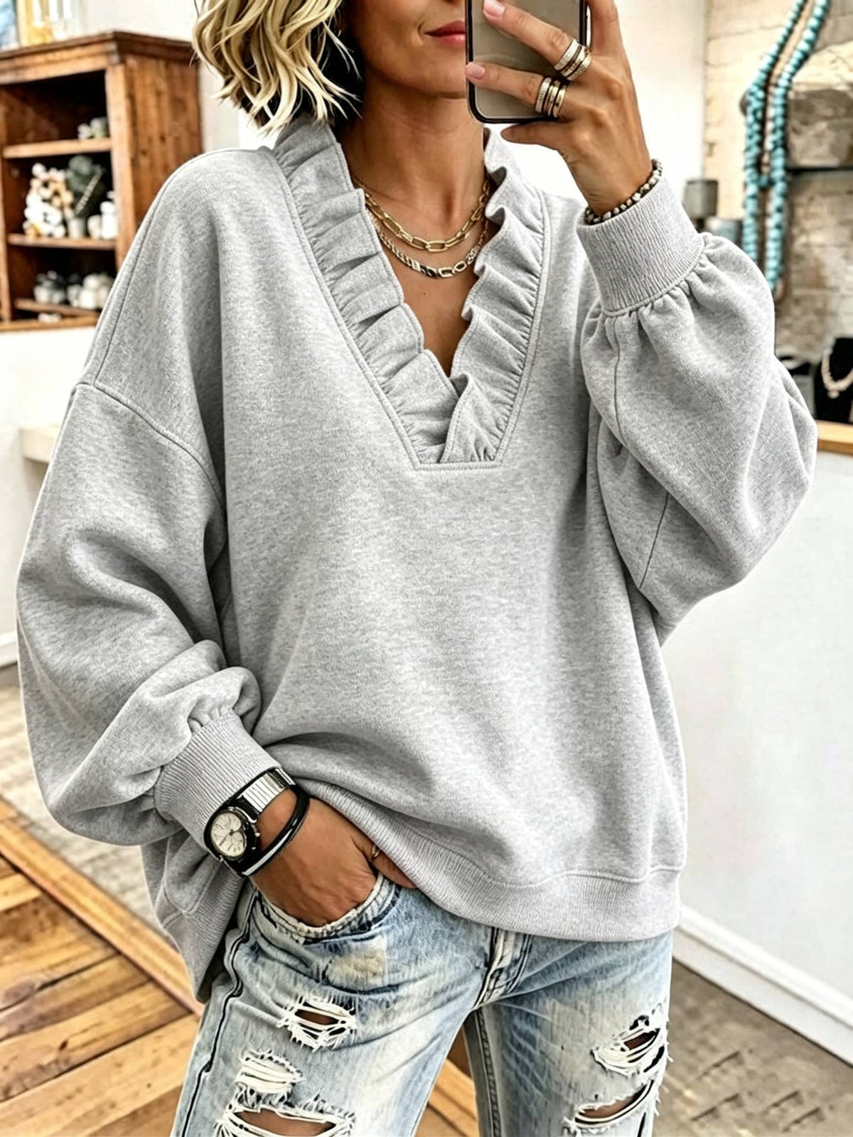 Ruffle V-Neck Loose Casual Sweatshirt