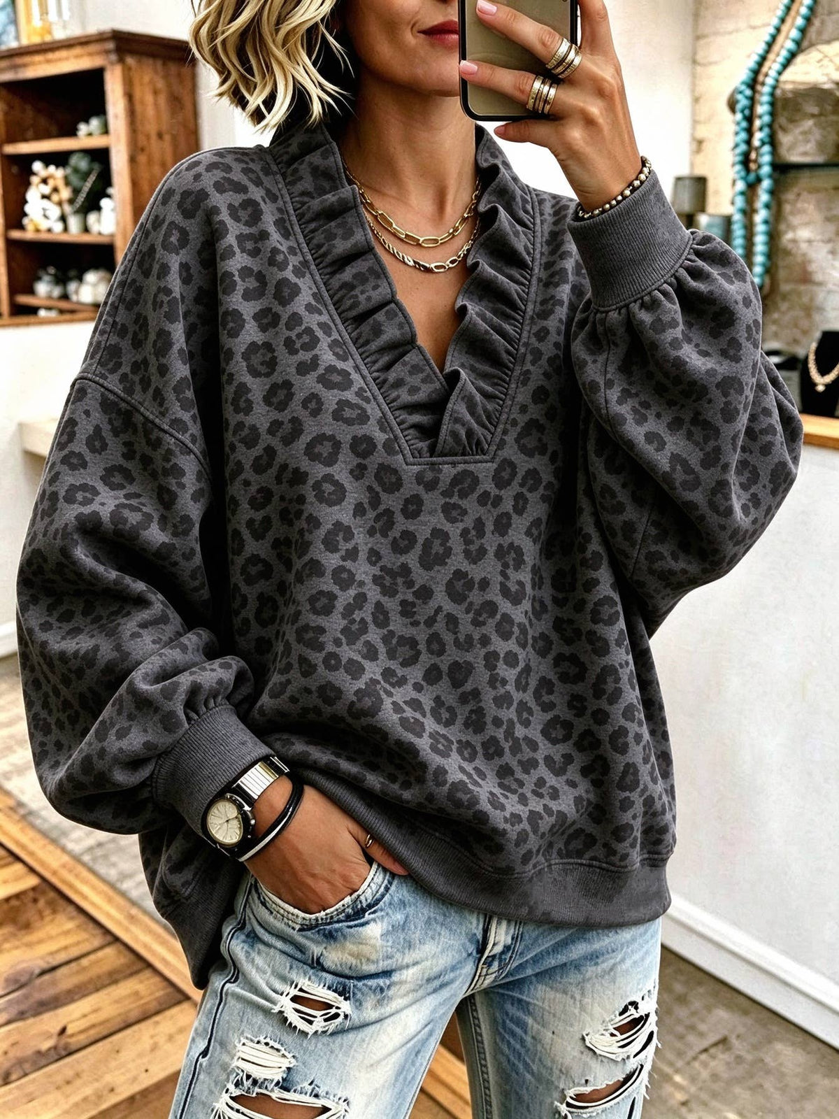 Ruffle V-Neck Loose Casual Sweatshirt