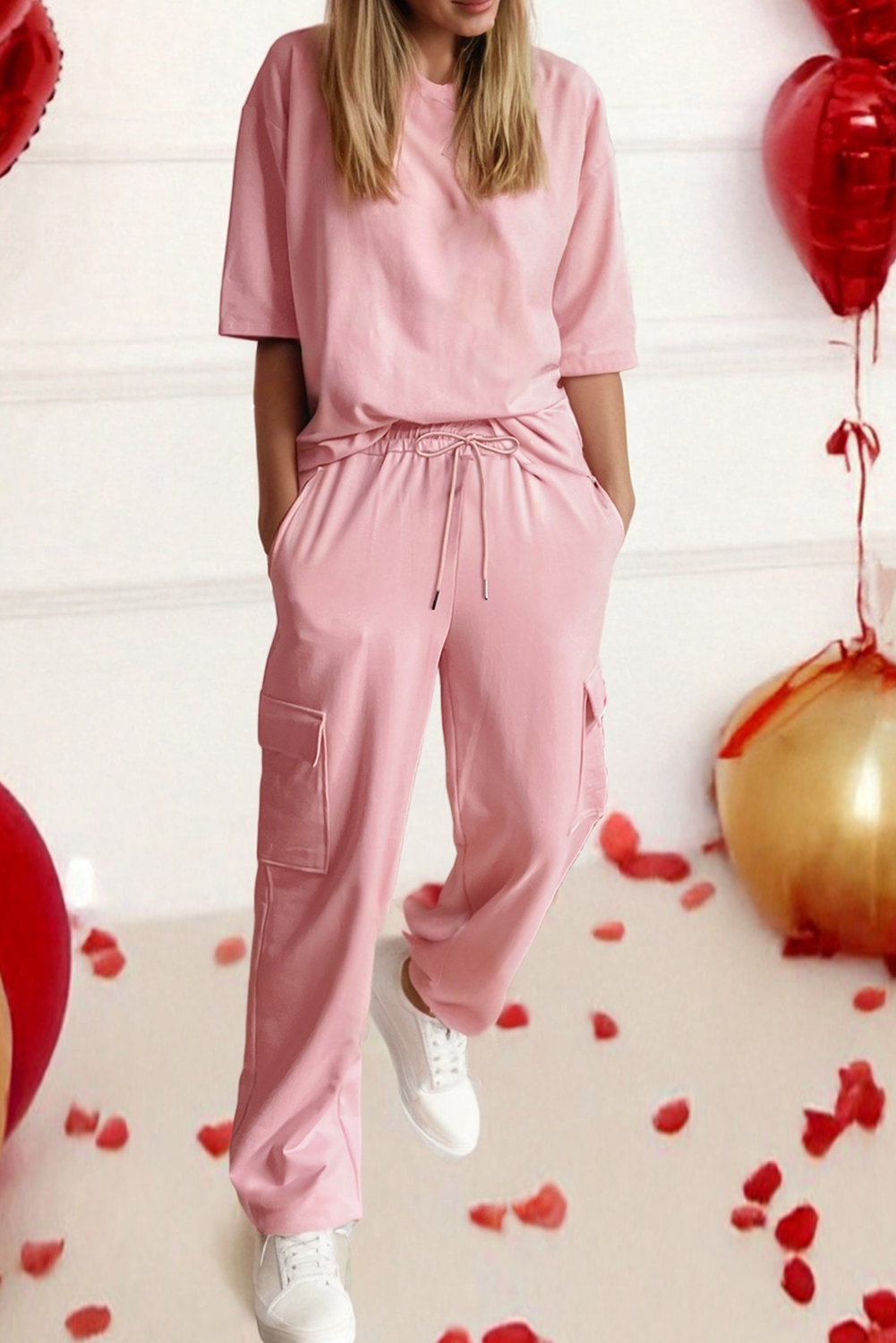 LDC Pink Half Sleeve T-Shirt & Cargo Sweatpants Set