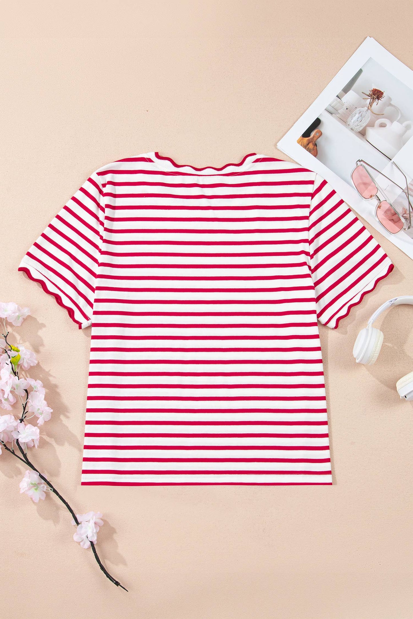 Stripe Scalloped Trim Round Neck T Shirt