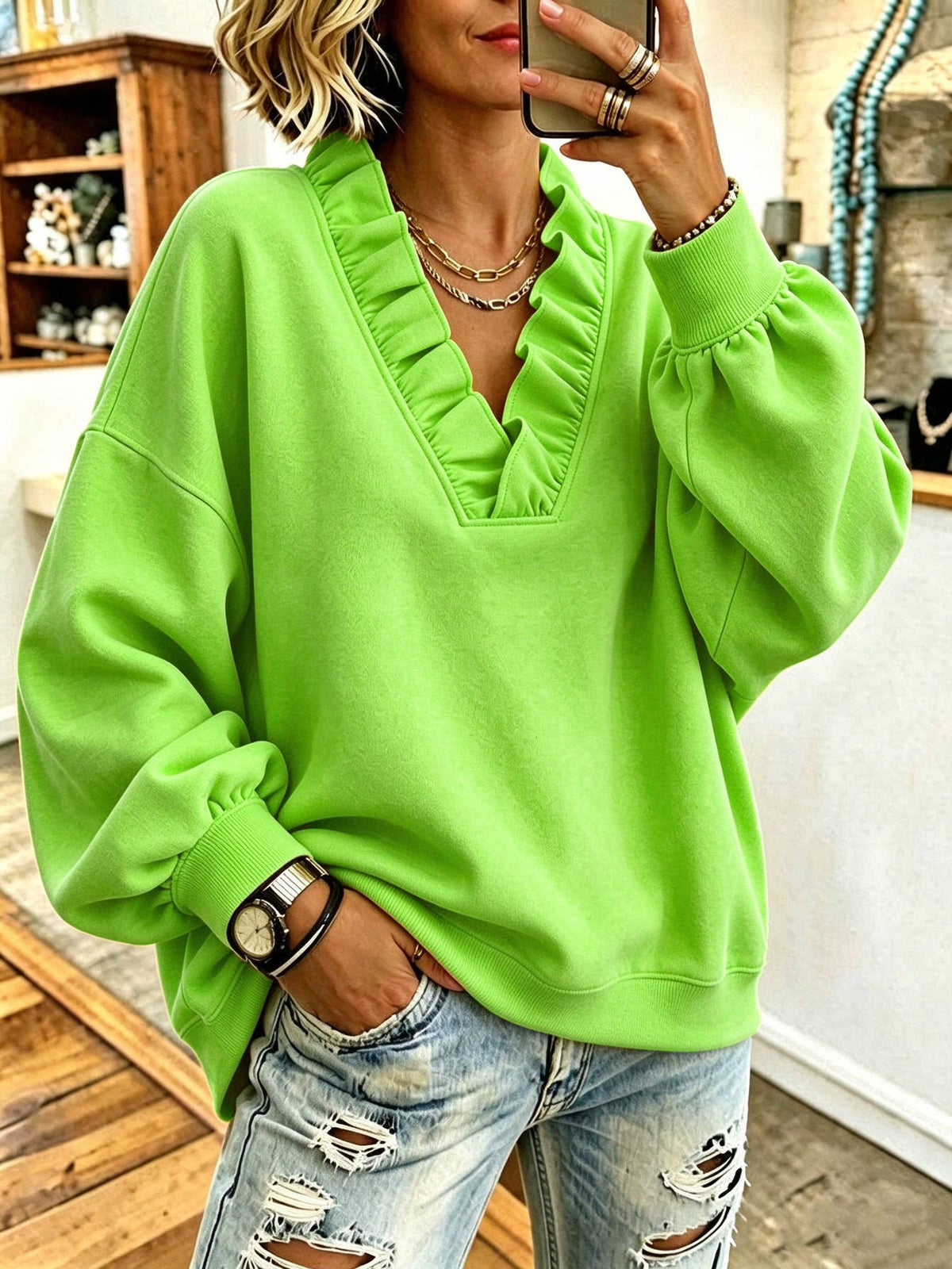 Ruffle V-Neck Loose Casual Sweatshirt