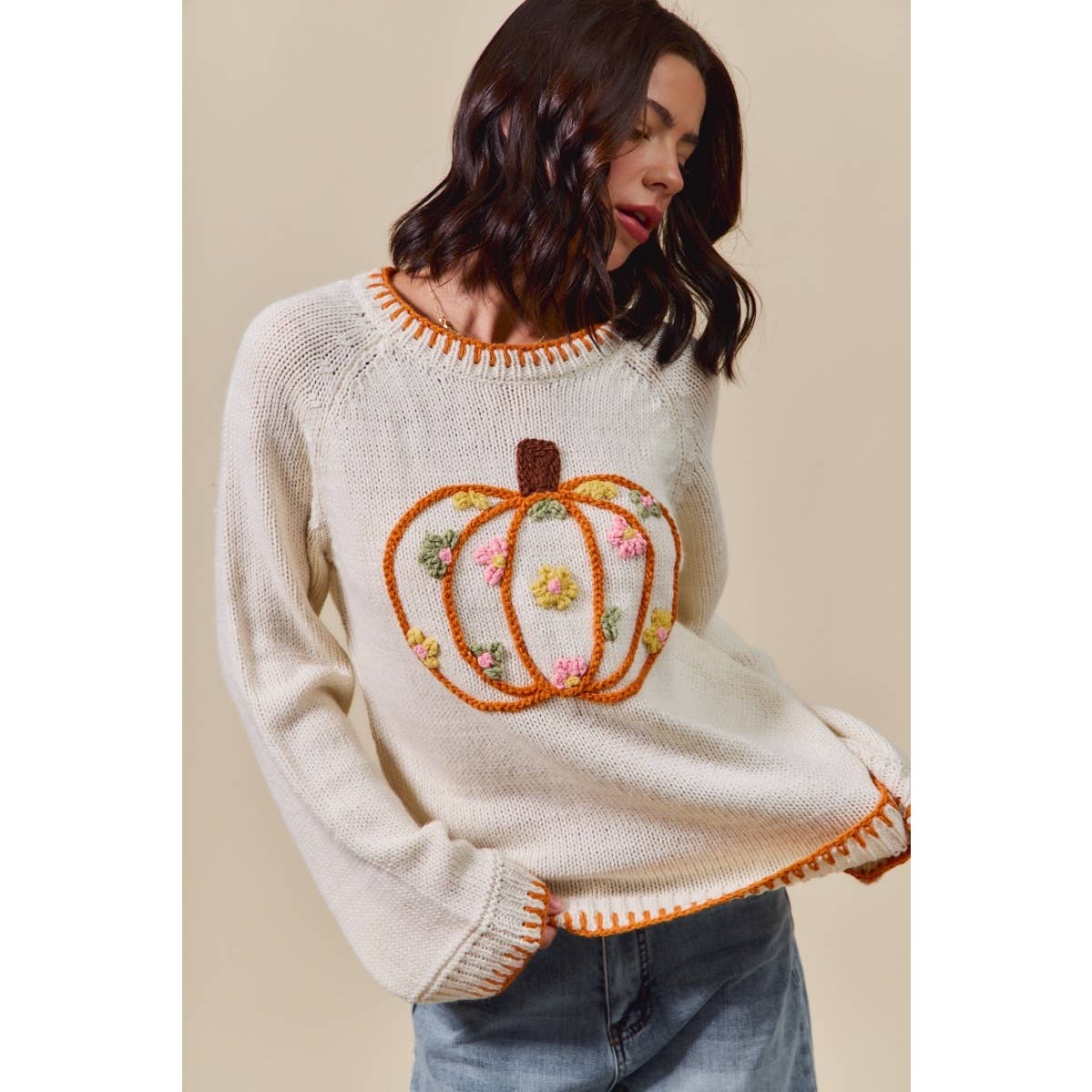 PUMPKIN FLORAL EMBROIDERED THANKSGIVING SWEATER