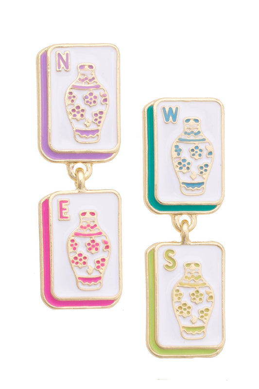 Mahjong Four Winds Enamel Earrings in Pastel Multi