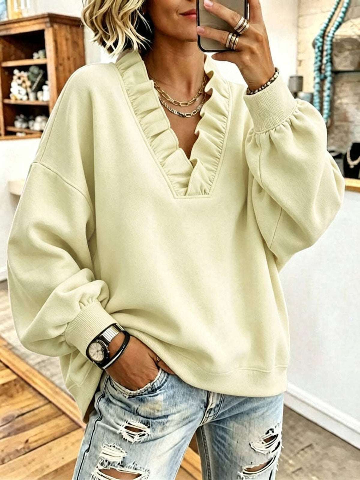 Ruffle V-Neck Loose Casual Sweatshirt