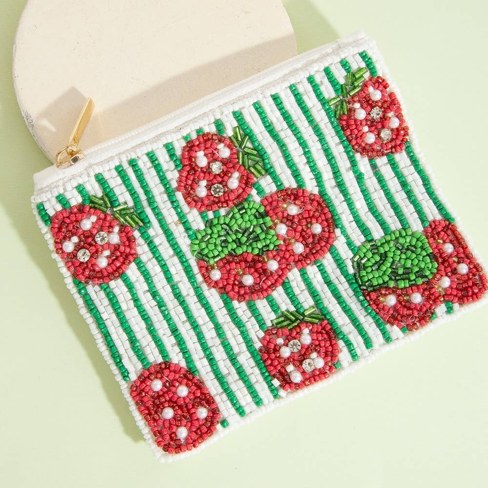 Stripes And Strawberry Fruit Seed Beaded Coin Purse