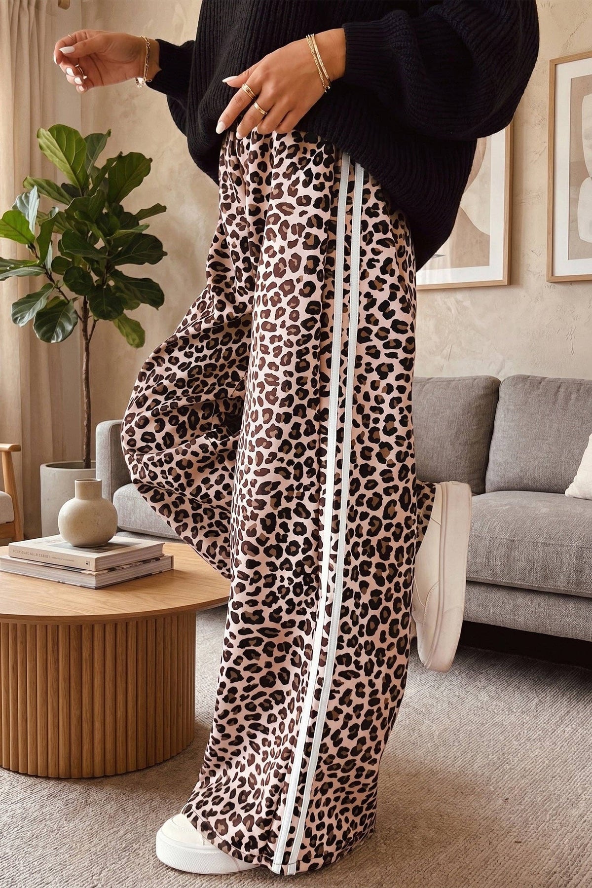 Leopard Print Side Striped Detail Wide Leg Pants