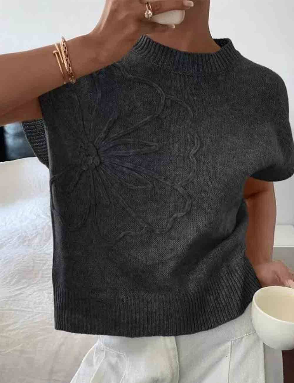 Ladies Round Neck Floral Jacquard Ribbed Knit Vest