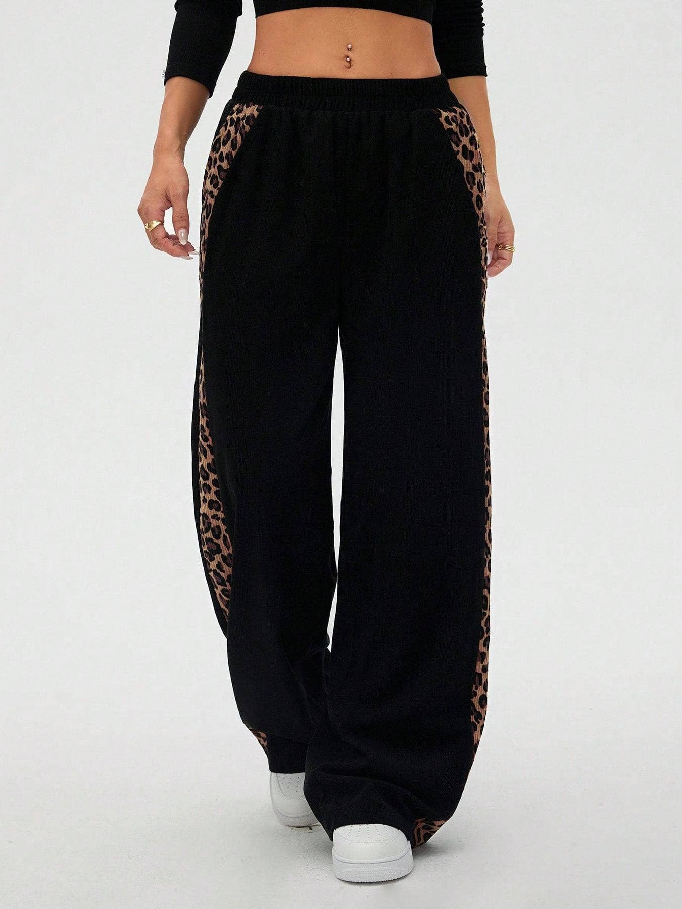 Black Leopard Print Detail Wide Leg Pants