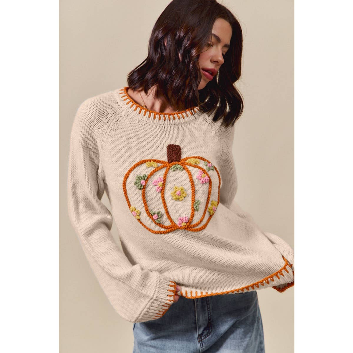 PUMPKIN FLORAL EMBROIDERED THANKSGIVING SWEATER