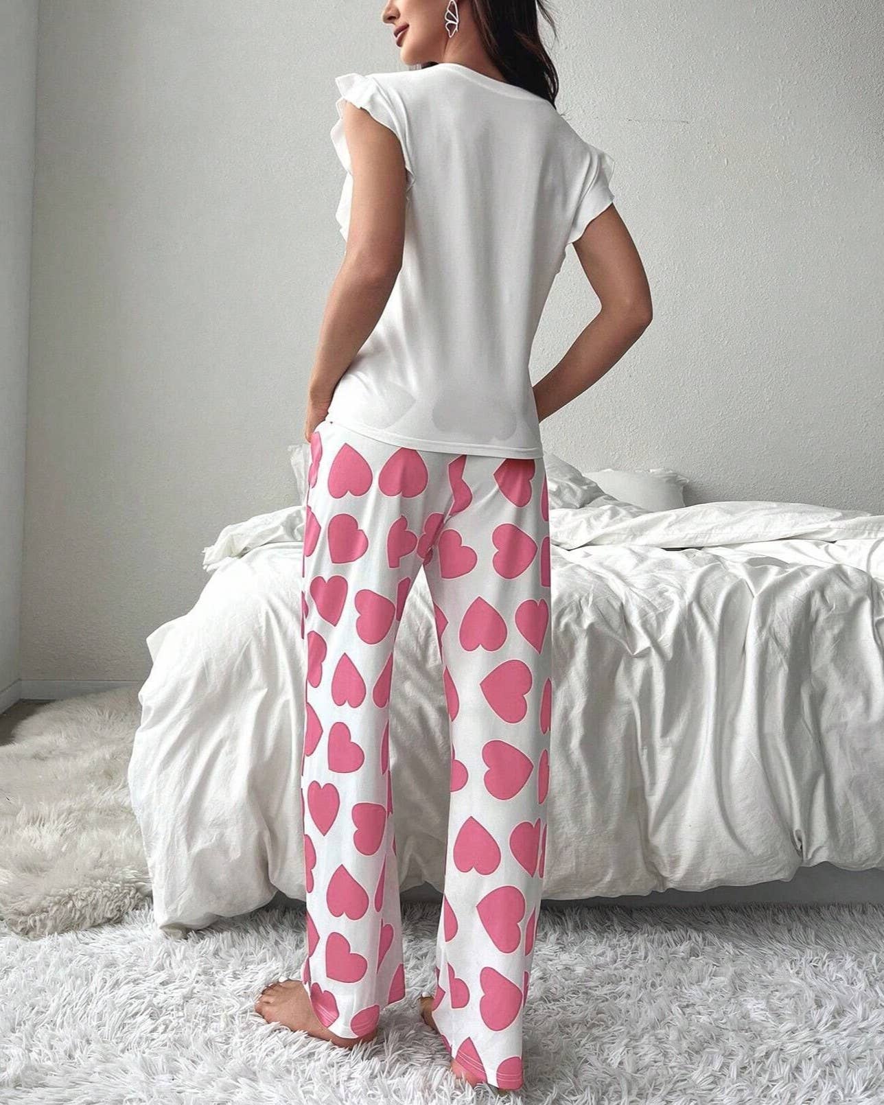 Heart Print Ruffled Sleeveless Top & Pants Pajama Set